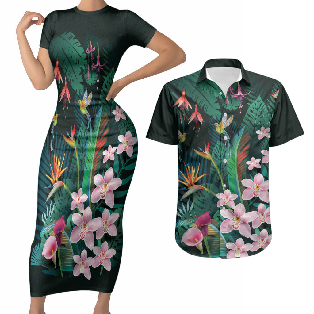 Hawaii Hummingbird Tropical Flowers Couples Matching Short Sleeve Bodycon Dress and Hawaiian Shirt Dark Green LT01 Green - Polynesian Pride