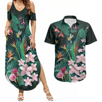 Hawaii Hummingbird Tropical Flowers Couples Matching Summer Maxi Dress and Hawaiian Shirt Dark Green LT01 Green - Polynesian Pride