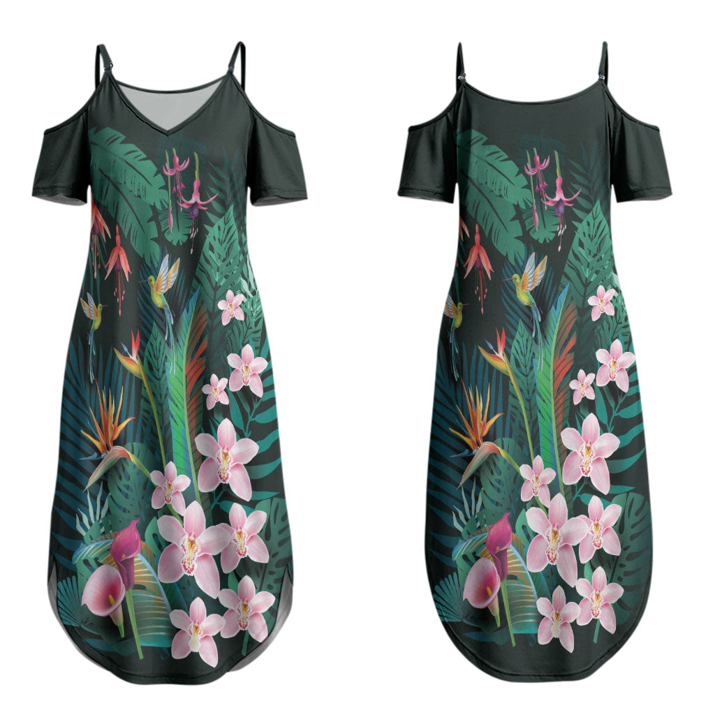 Hawaii Hummingbird Tropical Flowers Couples Matching Summer Maxi Dress and Hawaiian Shirt Dark Green LT01 - Polynesian Pride