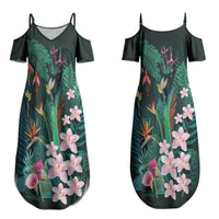 Hawaii Hummingbird Tropical Flowers Couples Matching Summer Maxi Dress and Hawaiian Shirt Dark Green LT01 - Polynesian Pride