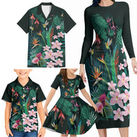 Hawaii Hummingbird Tropical Flowers Family Matching Long Sleeve Bodycon Dress and Hawaiian Shirt Dark Green LT01 - Polynesian Pride