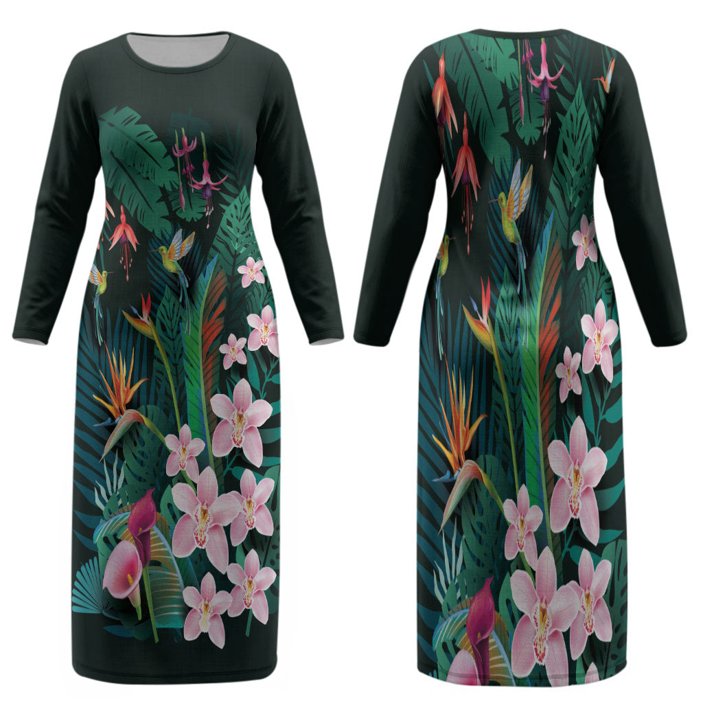 Hawaii Hummingbird Tropical Flowers Family Matching Long Sleeve Bodycon Dress and Hawaiian Shirt Dark Green LT01 Mom's Dress Green - Polynesian Pride