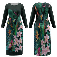 Hawaii Hummingbird Tropical Flowers Family Matching Long Sleeve Bodycon Dress and Hawaiian Shirt Dark Green LT01 Mom's Dress Green - Polynesian Pride