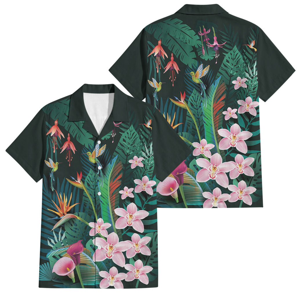 Hawaii Hummingbird Tropical Flowers Family Matching Long Sleeve Bodycon Dress and Hawaiian Shirt Dark Green LT01 Dad's Shirt - Short Sleeve Green - Polynesian Pride