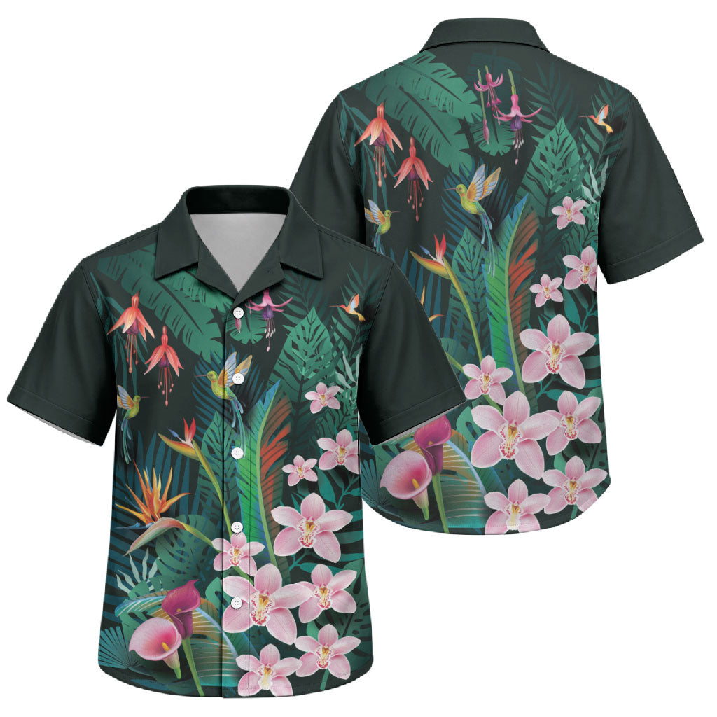 Hawaii Hummingbird Tropical Flowers Family Matching Long Sleeve Bodycon Dress and Hawaiian Shirt Dark Green LT01 Son's Shirt Green - Polynesian Pride