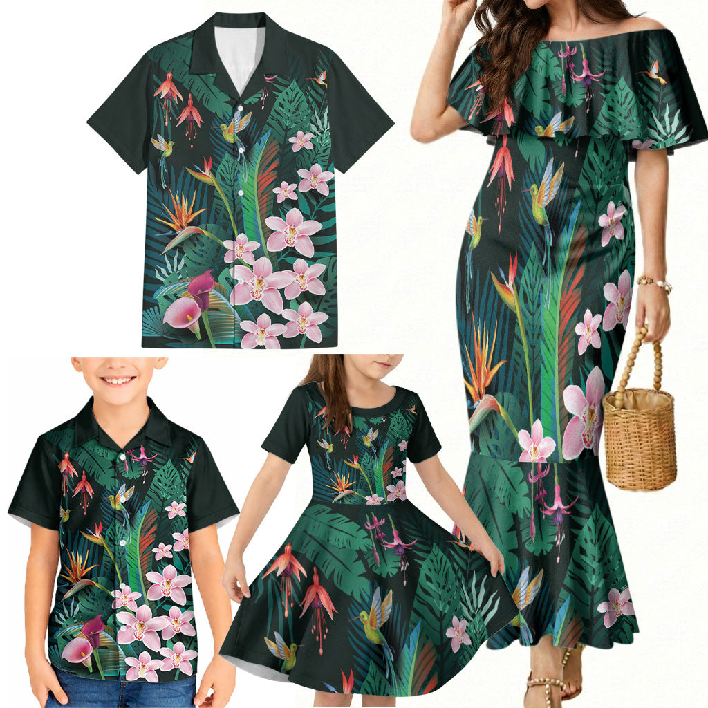 Hawaii Hummingbird Tropical Flowers Family Matching Mermaid Dress and Hawaiian Shirt Dark Green LT01 - Polynesian Pride
