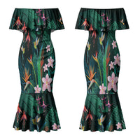 Hawaii Hummingbird Tropical Flowers Family Matching Mermaid Dress and Hawaiian Shirt Dark Green LT01 Mom's Dress Green - Polynesian Pride