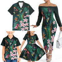 Hawaii Hummingbird Tropical Flowers Family Matching Off The Shoulder Long Sleeve Dress and Hawaiian Shirt Dark Green LT01 - Polynesian Pride