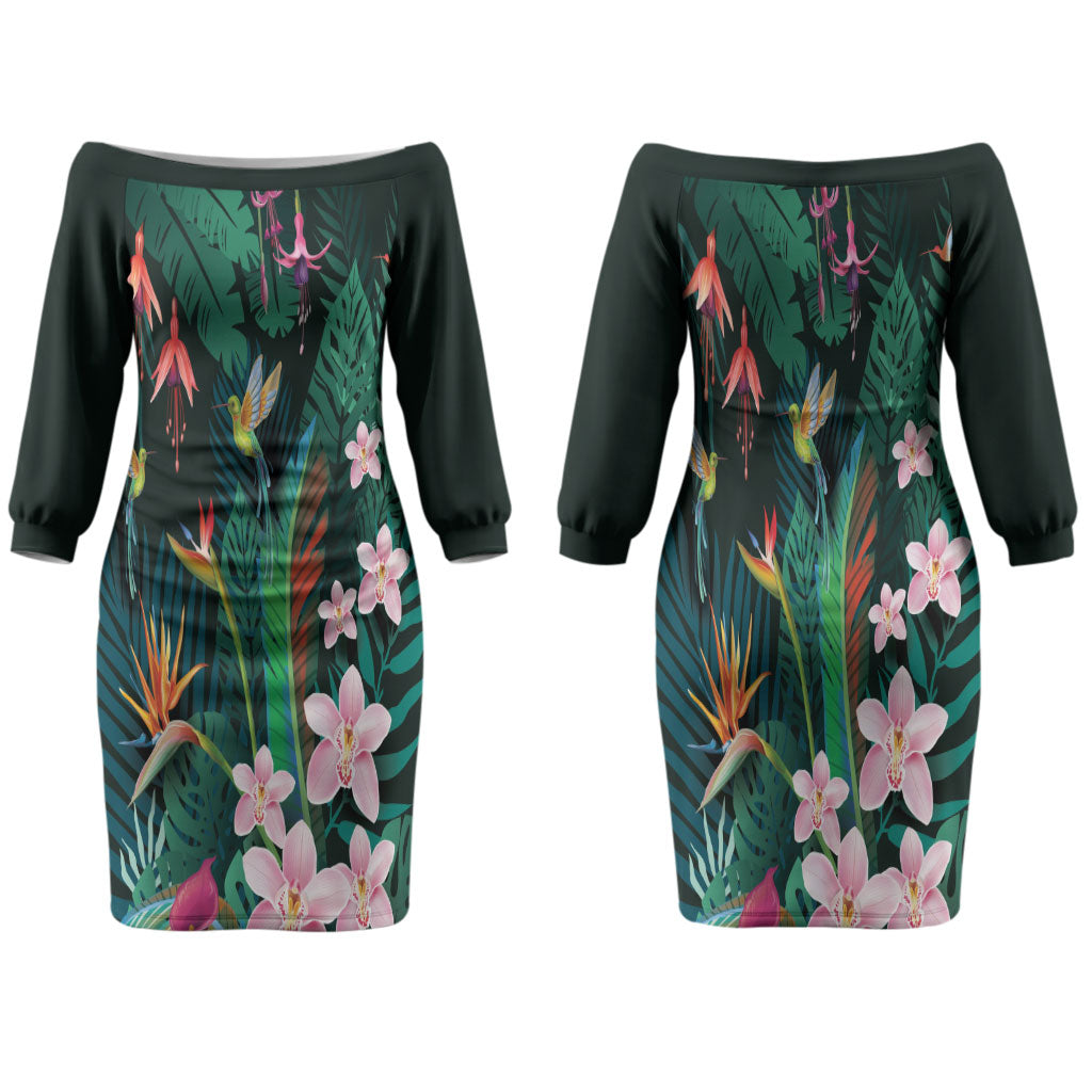 Hawaii Hummingbird Tropical Flowers Family Matching Off The Shoulder Long Sleeve Dress and Hawaiian Shirt Dark Green LT01 Mom's Dress Green - Polynesian Pride