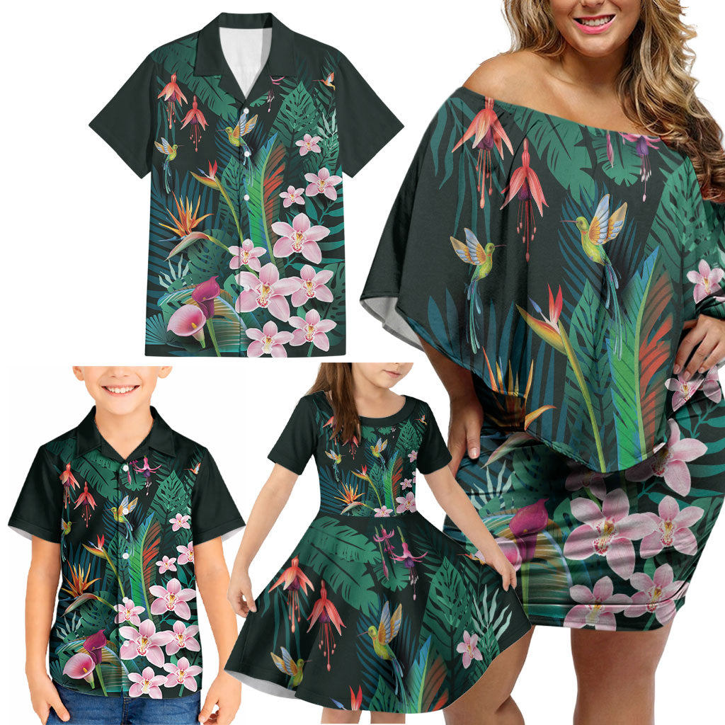 Hawaii Hummingbird Tropical Flowers Family Matching Off Shoulder Short Dress and Hawaiian Shirt Dark Green LT01 - Polynesian Pride