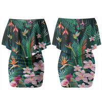 Hawaii Hummingbird Tropical Flowers Family Matching Off Shoulder Short Dress and Hawaiian Shirt Dark Green LT01 Mom's Dress Green - Polynesian Pride