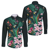 Hawaii Hummingbird Tropical Flowers Family Matching Off Shoulder Short Dress and Hawaiian Shirt Dark Green LT01 Dad's Shirt - Long Sleeve Green - Polynesian Pride