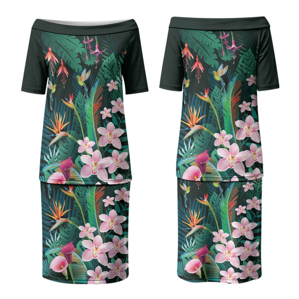 Hawaii Hummingbird Tropical Flowers Family Matching Puletasi and Hawaiian Shirt Dark Green LT01 Mom's Dress Green - Polynesian Pride