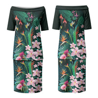 Hawaii Hummingbird Tropical Flowers Family Matching Puletasi and Hawaiian Shirt Dark Green LT01 Mom's Dress Green - Polynesian Pride