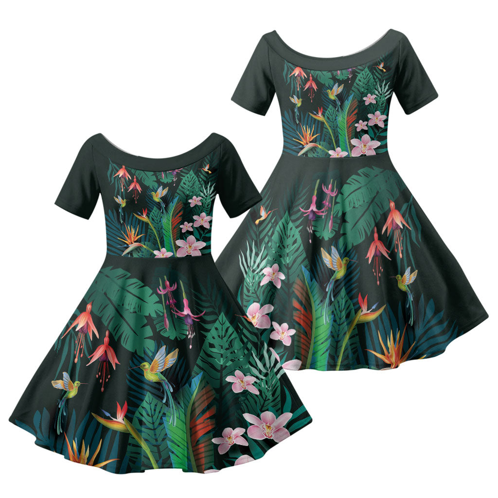 Hawaii Hummingbird Tropical Flowers Family Matching Puletasi and Hawaiian Shirt Dark Green LT01 Daughter's Dress Green - Polynesian Pride