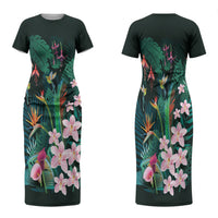 Hawaii Hummingbird Tropical Flowers Family Matching Short Sleeve Bodycon Dress and Hawaiian Shirt Dark Green LT01 Mom's Dress Green - Polynesian Pride