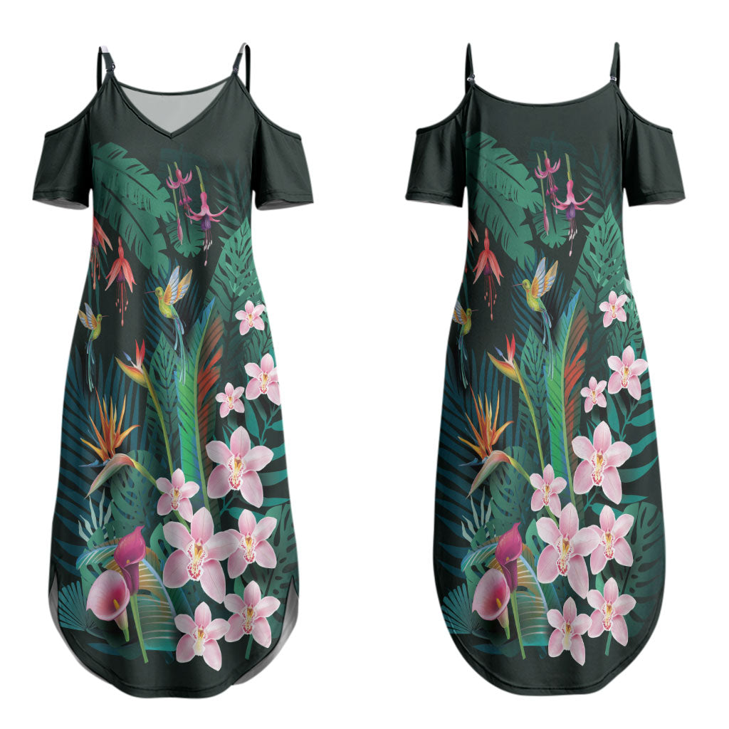 Hawaii Hummingbird Tropical Flowers Family Matching Summer Maxi Dress and Hawaiian Shirt Dark Green