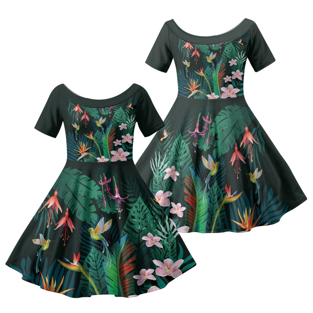 Hawaii Hummingbird Tropical Flowers Family Matching Summer Maxi Dress and Hawaiian Shirt Dark Green