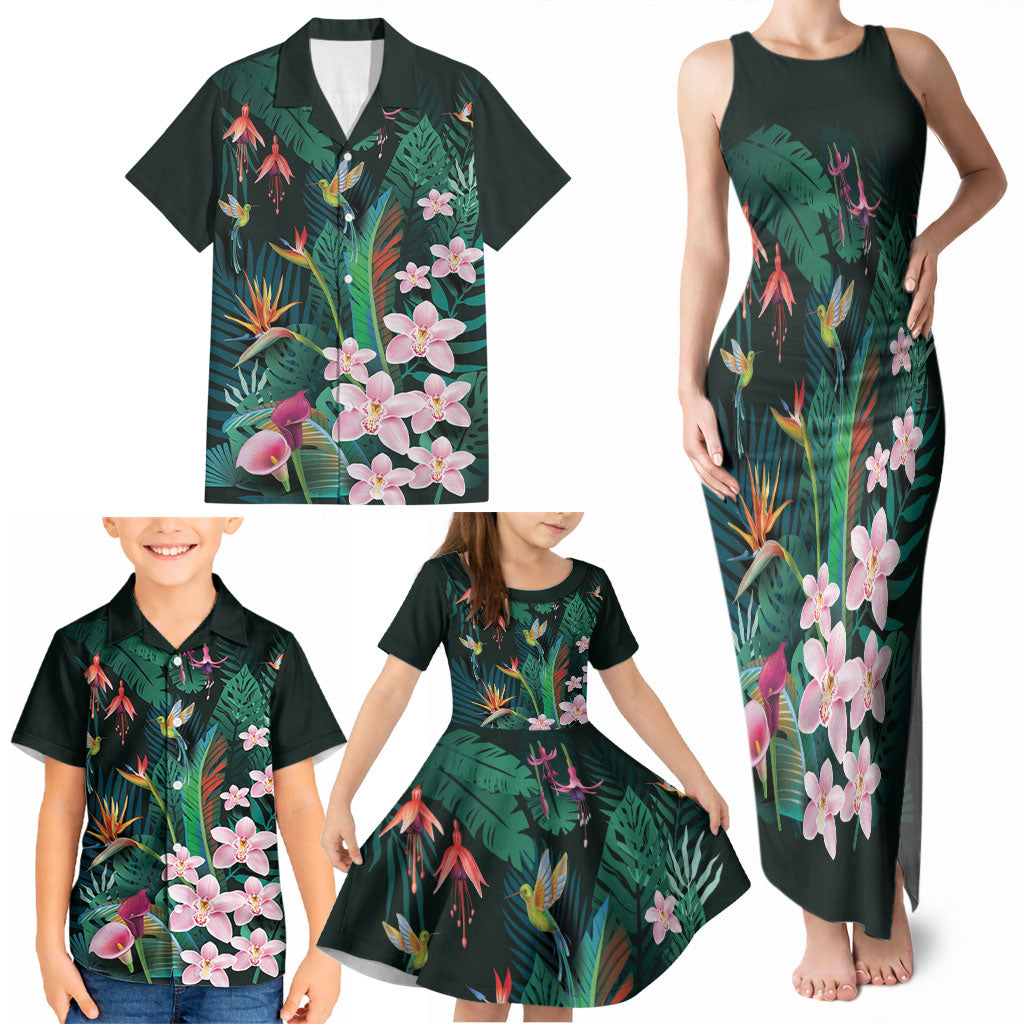 Hawaii Hummingbird Tropical Flowers Family Matching Tank Maxi Dress and Hawaiian Shirt Dark Green LT01 - Polynesian Pride