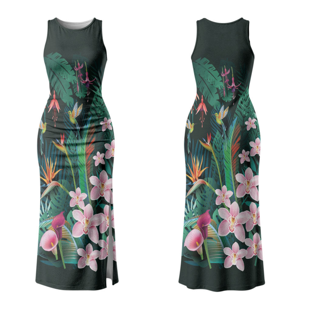 Hawaii Hummingbird Tropical Flowers Family Matching Tank Maxi Dress and Hawaiian Shirt Dark Green LT01 Mom's Dress Green - Polynesian Pride