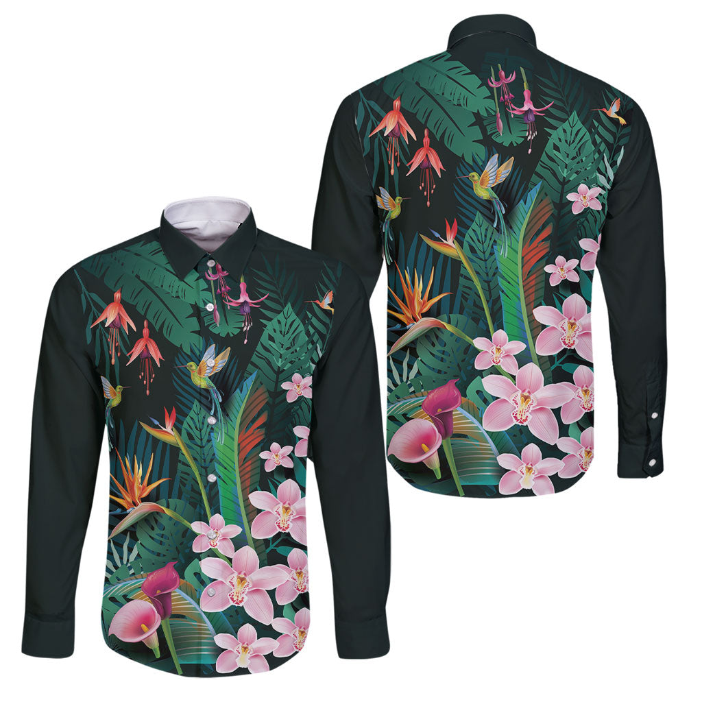 Hawaii Hummingbird Tropical Flowers Family Matching Tank Maxi Dress and Hawaiian Shirt Dark Green LT01 Dad's Shirt - Long Sleeve Green - Polynesian Pride