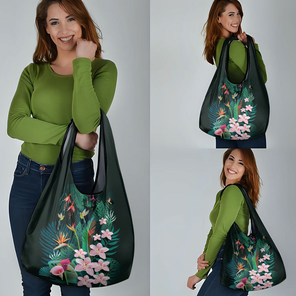Hawaii Hummingbird Tropical Flowers Grocery Bag Dark Green