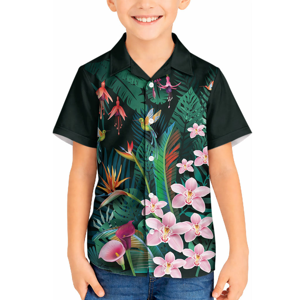 Hawaii Hummingbird Tropical Flowers Kid Hawaiian Shirt Dark Green LT01 Kid Green - Polynesian Pride
