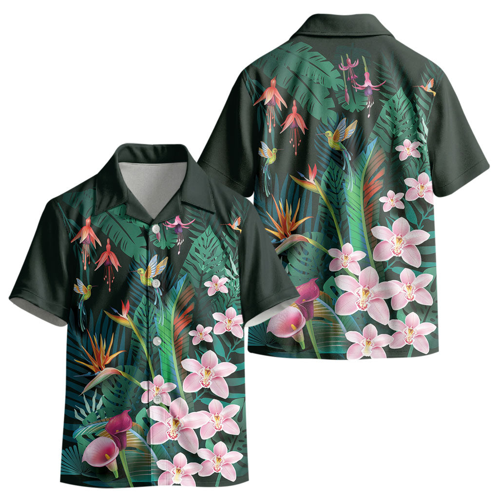 Hawaii Hummingbird Tropical Flowers Kid Hawaiian Shirt Dark Green