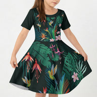 Hawaii Hummingbird Tropical Flowers Kid Short Sleeve Dress Dark Green