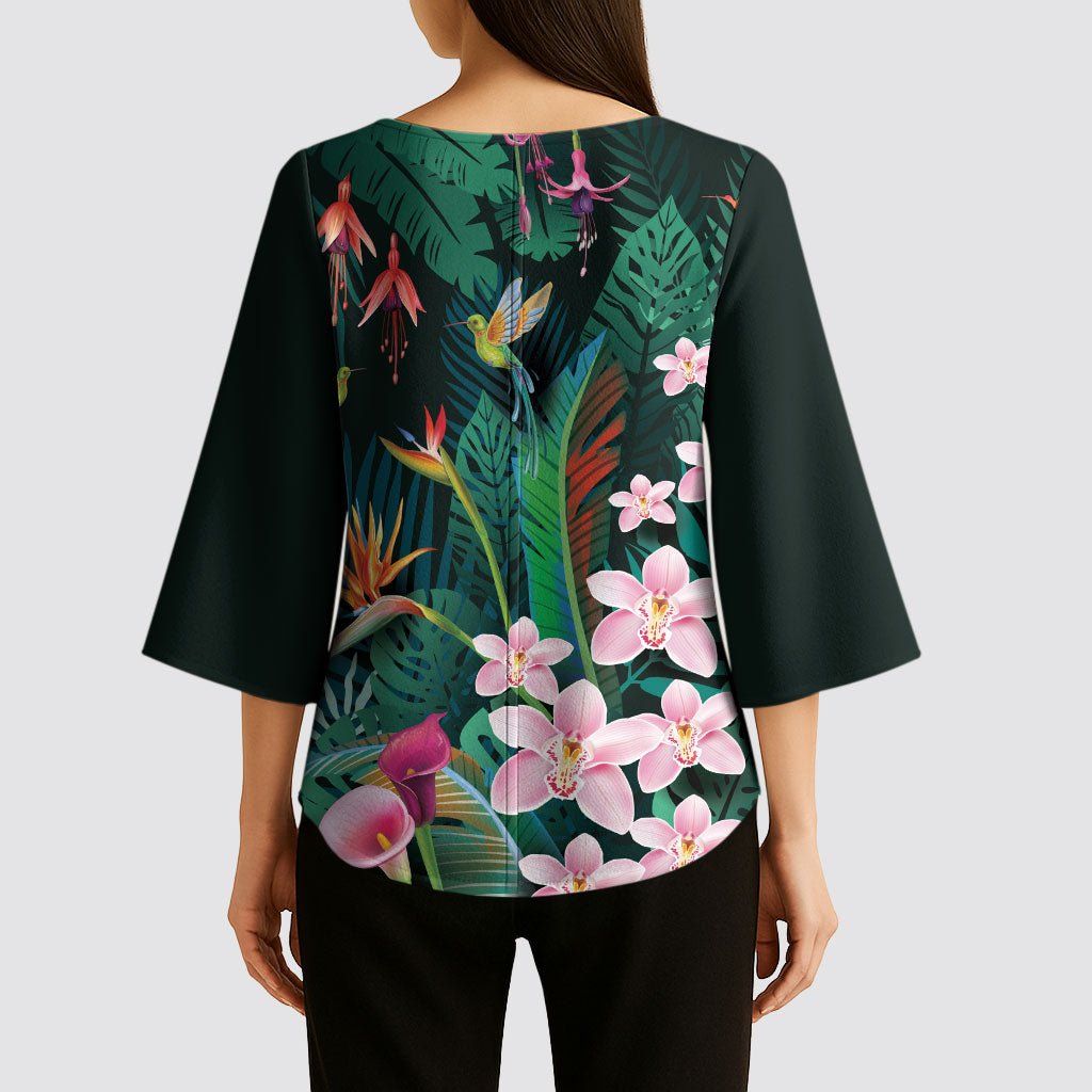 Hawaii Hummingbird Tropical Flowers Kimono Sleeve Blouse Dark Green