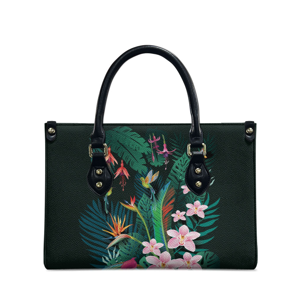 Hawaii Hummingbird Tropical Flowers Leather Bag Dark Green