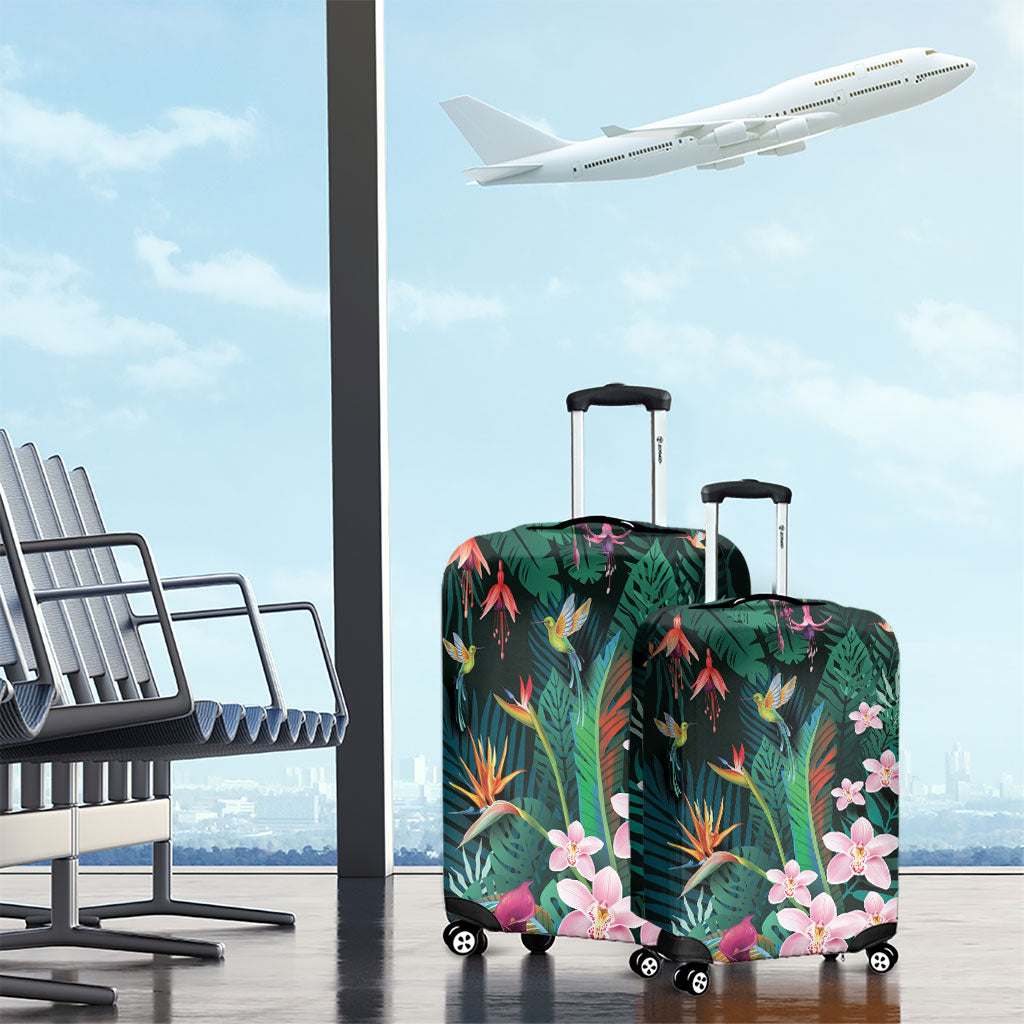 Hawaii Hummingbird Tropical Flowers Luggage Cover Dark Green
