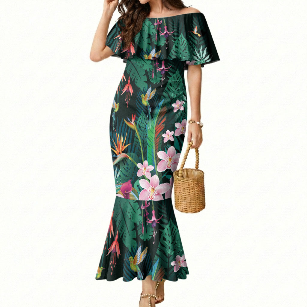 Hawaii Hummingbird Tropical Flowers Mermaid Dress Dark Green