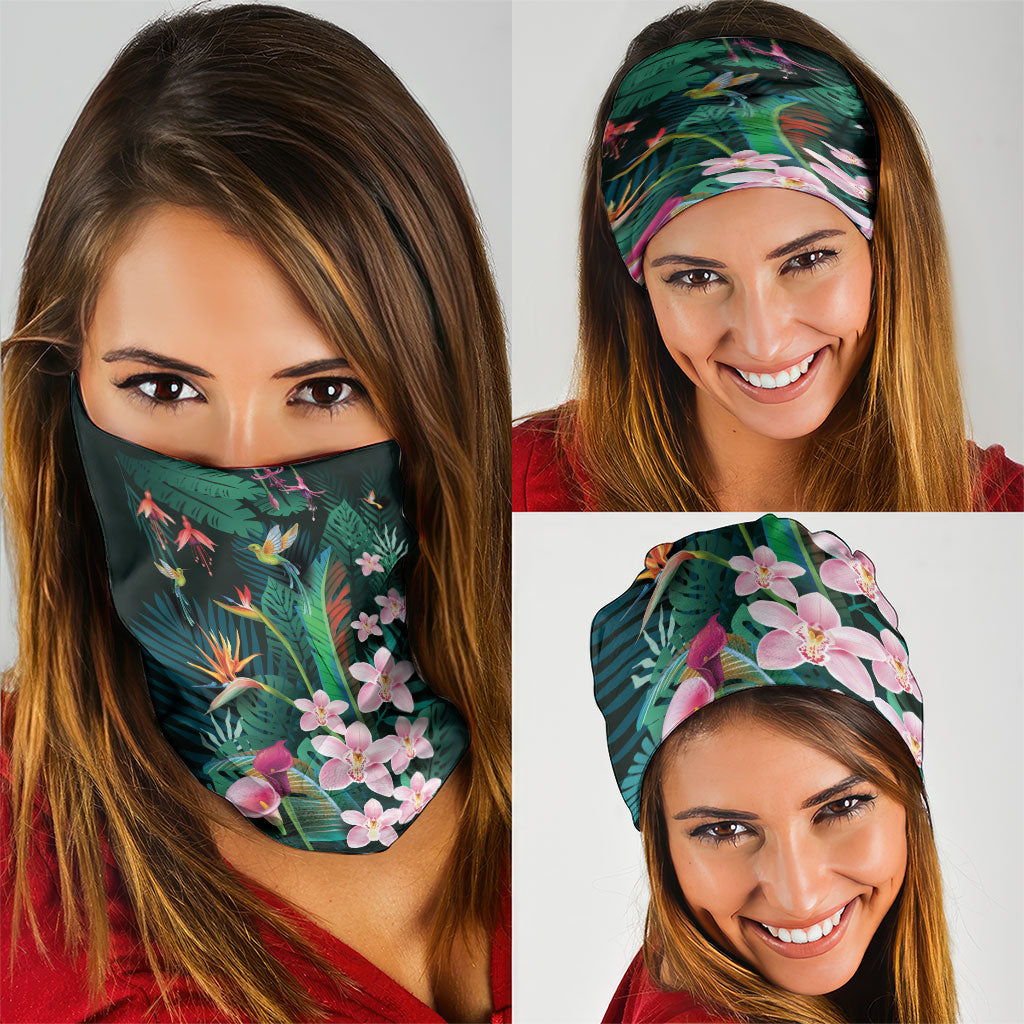 Hawaii Hummingbird Tropical Flowers Neck Gaiter Dark Green