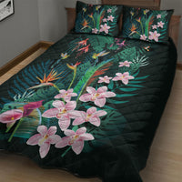 Hawaii Hummingbird Tropical Flowers Quilt Bed Set Dark Green