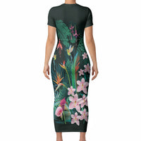 Hawaii Hummingbird Tropical Flowers Short Sleeve Bodycon Dress Dark Green