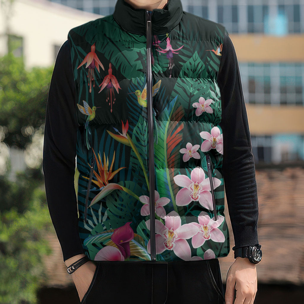 Hawaii Hummingbird Tropical Flowers Sleeveless Puffer Jacket Dark Green