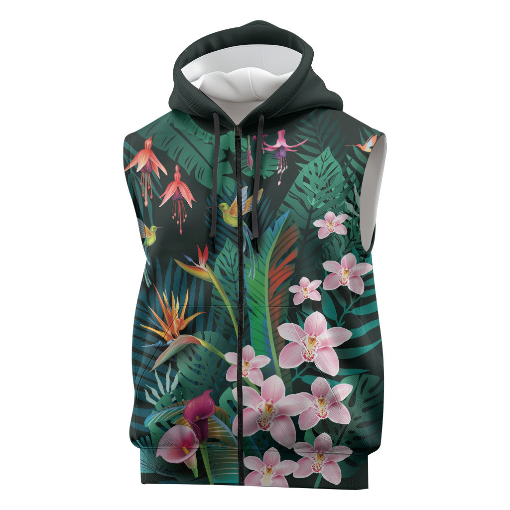Hawaii Hummingbird Tropical Flowers Sleeveless Zip Hoodie Dark Green