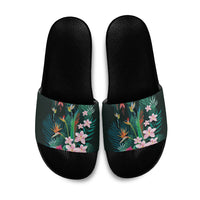 Hawaii Hummingbird Tropical Flowers Slide Sandals Dark Green