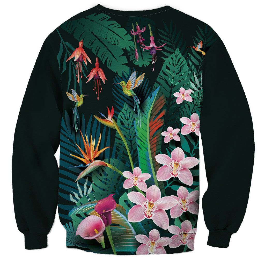 Hawaii Hummingbird Tropical Flowers Sweatshirt Dark Green