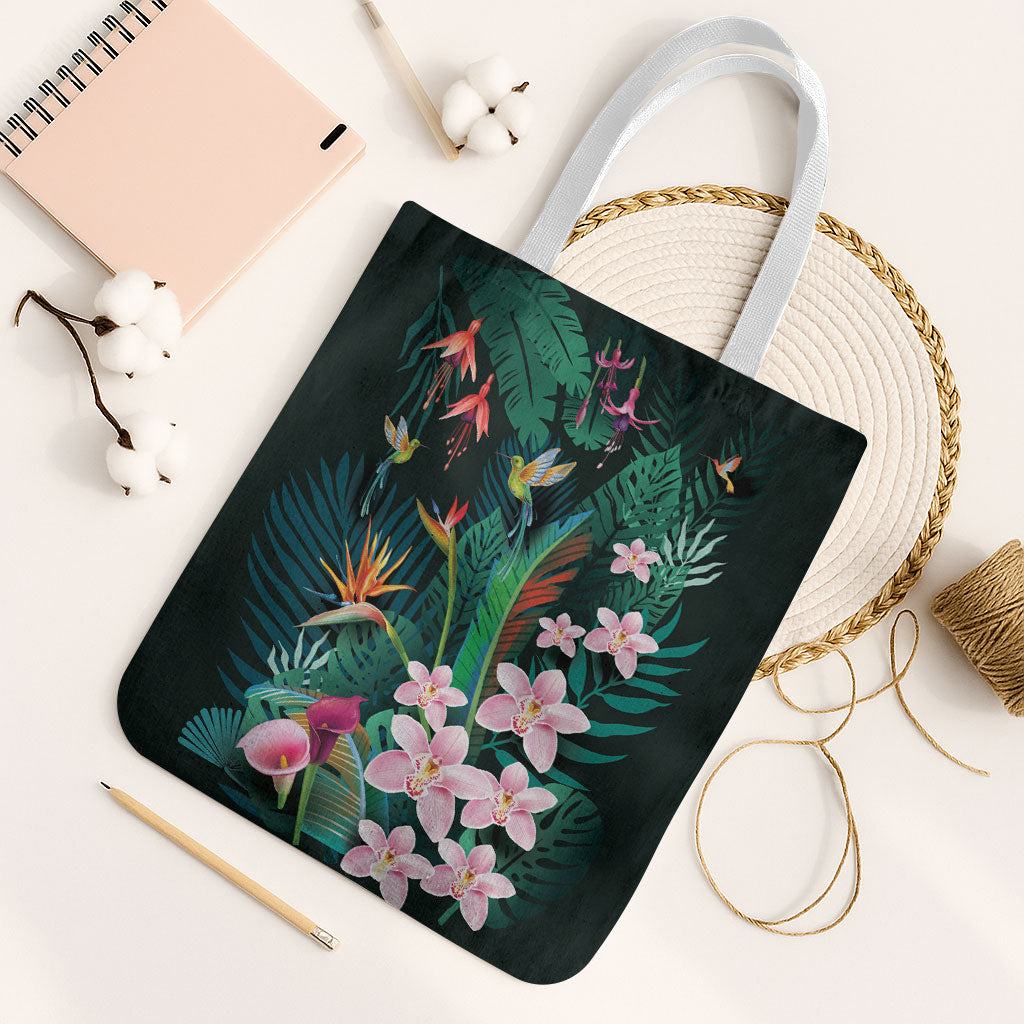 Hawaii Hummingbird Tropical Flowers Tote Bag Dark Green