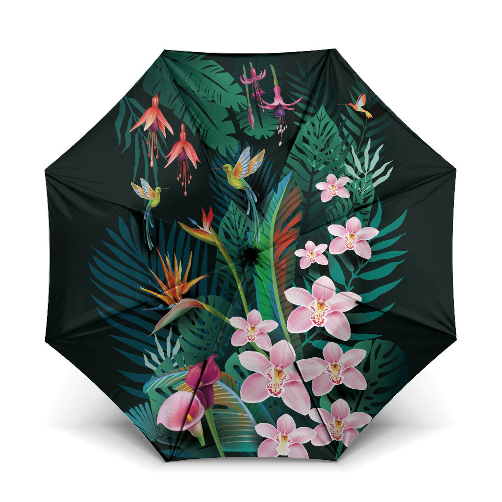 Hawaii Hummingbird Tropical Flowers Umbrella Dark Green