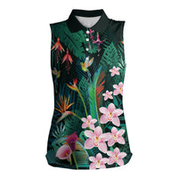 Hawaii Hummingbird Tropical Flowers Women Sleeveless Polo Shirt Dark Green