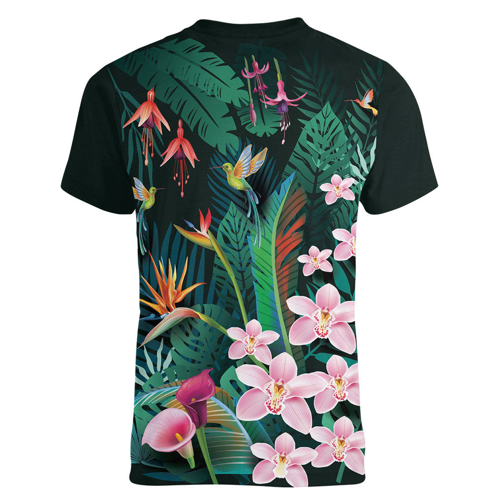 Hawaii Hummingbird Tropical Flowers Women V-Neck T-Shirt Dark Green