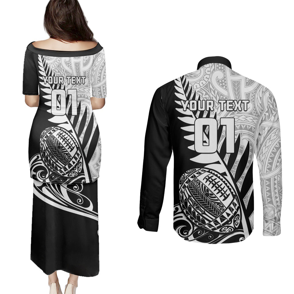 Custom New Zealand Silver Fern Rugby Couples Matching Puletasi Dress and Long Sleeve Button Shirts Aotearoa Maori Black Version LT01 - Polynesian Pride