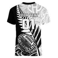 Custom New Zealand Silver Fern Rugby Women V Neck T Shirt Aotearoa Maori Black Version LT01 - Polynesian Pride
