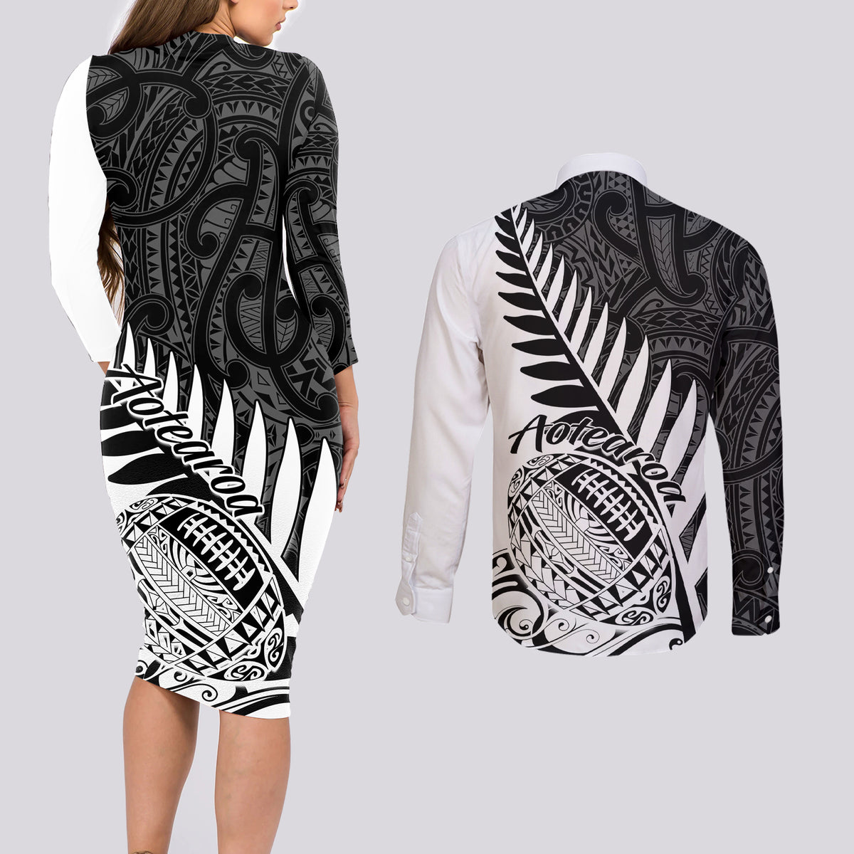 New Zealand Silver Fern Rugby Couples Matching Long Sleeve Bodycon Dress and Long Sleeve Button Shirts Aotearoa Maori White Version LT01 - Polynesian Pride