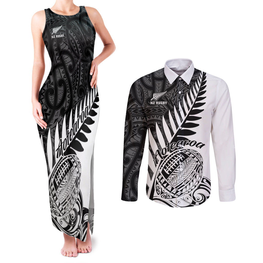 New Zealand Silver Fern Rugby Couples Matching Tank Maxi Dress and Long Sleeve Button Shirts Aotearoa Maori White Version LT01 White - Polynesian Pride