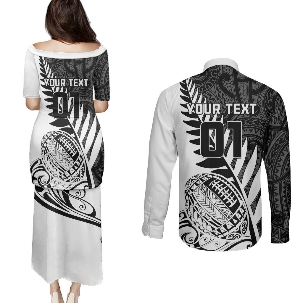 Custom New Zealand Silver Fern Rugby Couples Matching Puletasi Dress and Long Sleeve Button Shirts Aotearoa Maori White Version LT01 - Polynesian Pride