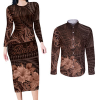 Bula Fiji Masi Couples Matching Long Sleeve Bodycon Dress and Long Sleeve Button Shirt Fijian Tapa Vintage Dark Brown Version LT01 Brown - Polynesian Pride